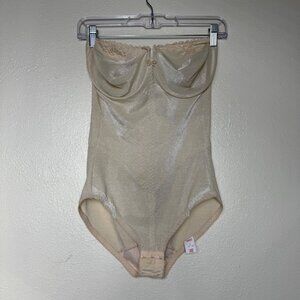 VTG Natural By Young Smoothie Beige Shimmery Lace Strapless Bodysuit 38D